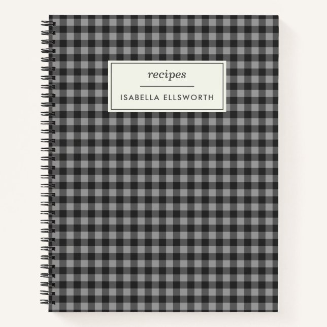 Cute Retro Grey Gingham Plaid Personalized Recipe Notebook (Front)