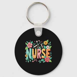 Cute Retro Groovy Nurse Flower Nursing 0CT9JL Keychain