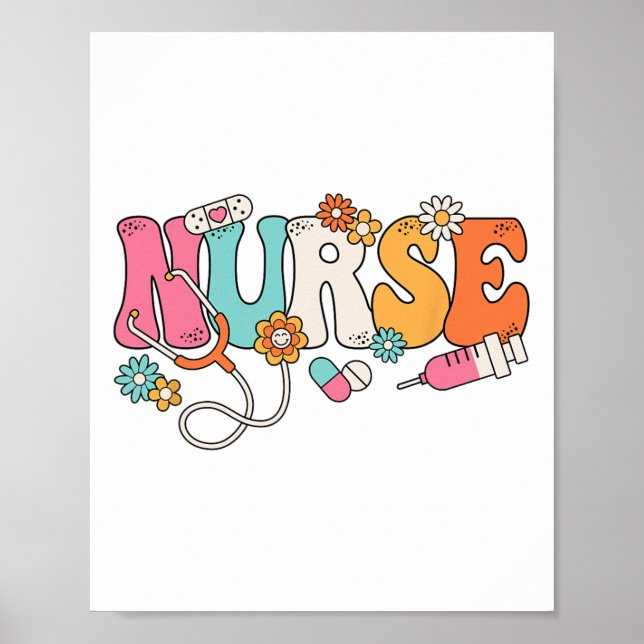Cute Retro Groovy Nurse Flower Nursing Women  Poster (Front)