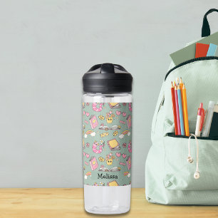 Cute Retro Groovy Pink Green Books Flowers Water Bottle