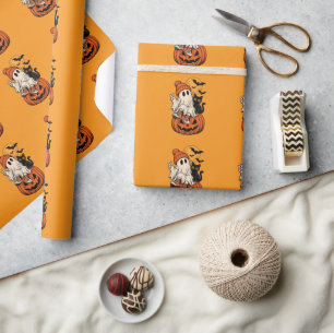 Cute Retro Halloween Ghost Pumpkin Our Family Thro Wrapping Paper