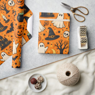 Cute Retro Halloween Ghosts & Pumpkins Wrapping Paper