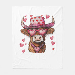 Cute Retro Highland Cow Cowboy Hat Heart Valentine Fleece Blanket