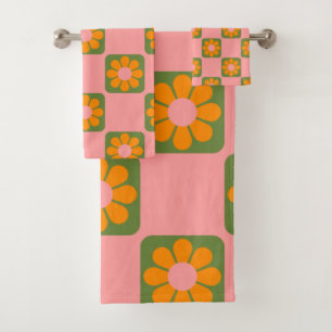 Cute Retro Hippie Flower Chequerboard Pink Green  Bath Towel Set