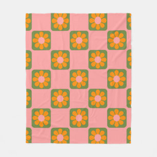 Cute Retro Hippie Flower Chequerboard Pink Green  Fleece Blanket