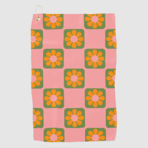 Cute Retro Hippie Flower Chequerboard Pink Green   Golf Towel