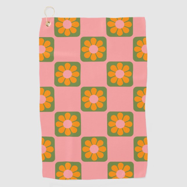 Cute Retro Hippie Flower Chequerboard Pink Green   Golf Towel (Front)