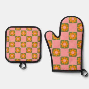Cute Retro Hippie Flower Chequerboard Pink Green   Oven Mitt & Pot Holder Set