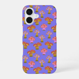 Cute Retro Hippie Mushroom Pattern in Purple  iPhone 16 Case