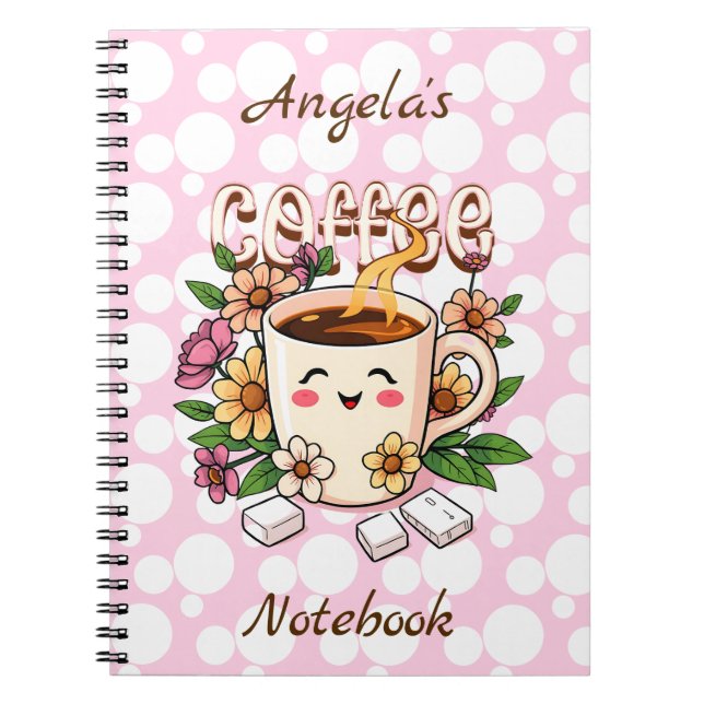 Cute Retro Kawaii Coffee and Flowers Personalized Notebook (Front)