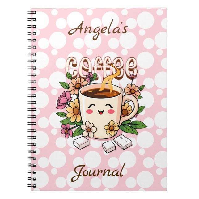 Cute Retro Kawaii Coffee and Flowers Personalized Notebook (Front)