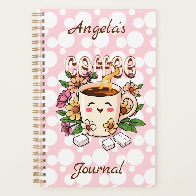 Cute Retro Kawaii Coffee and Flowers Personalized Planner (Front)