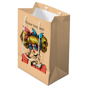 Cute retro lady add text medium gift bag