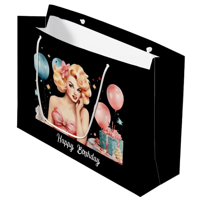 Cute retro lady Happy Birthday customizable  Large Gift Bag (Front Angled)