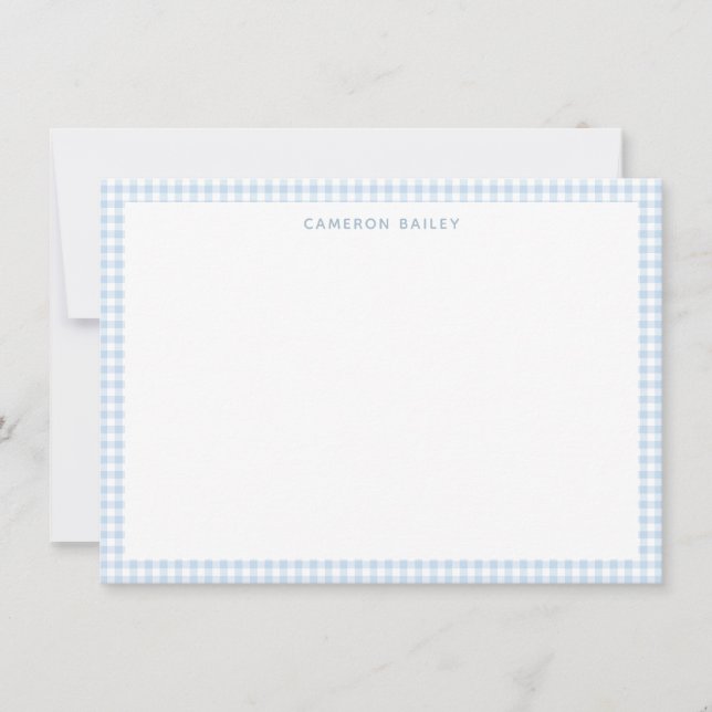 Cute Retro Light Blue Gingham Plaid Personalized Card (Front)
