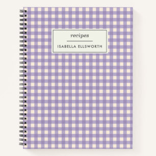 Cute Retro Lilac Gingham Plaid Personalized Recipe Notebook