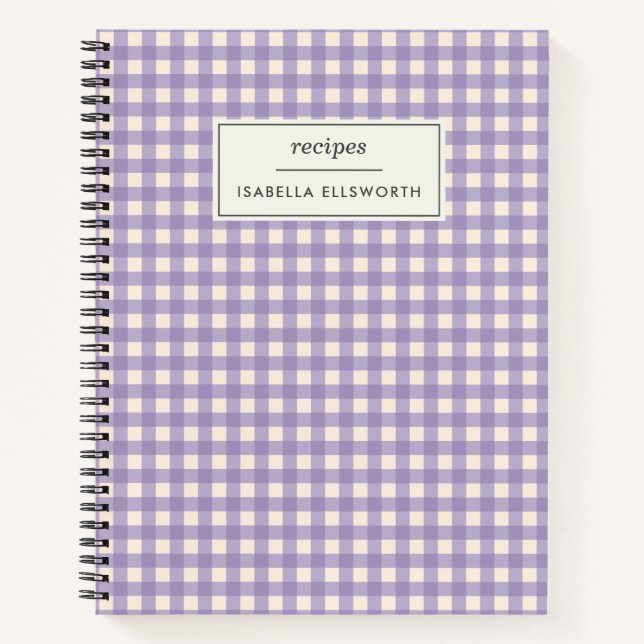 Cute Retro Lilac Gingham Plaid Personalized Recipe Notebook (Front)
