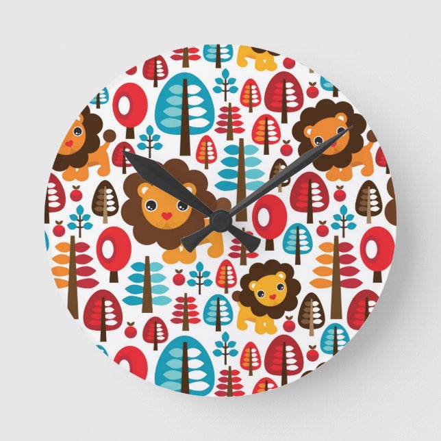 cute retro Lion kids illustration Round Clock (Front)