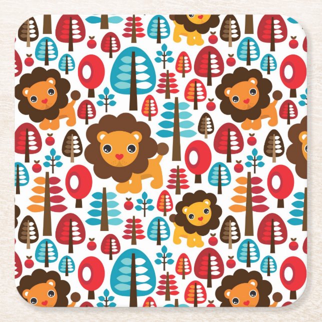 cute retro Lion kids illustration Square Paper Coaster (Front)