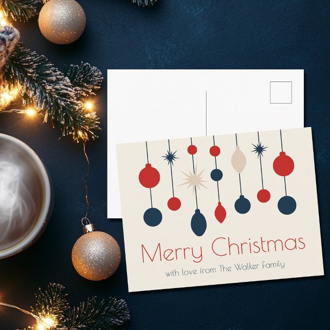 Cute Retro Merry Christmas Red Blue Ornaments Holiday Postcard (Creator Uploaded)