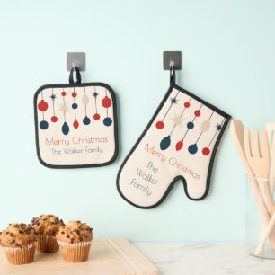 Cute Retro Merry Christmas Red Blue Personalized Oven Mitt & Pot Holder Set