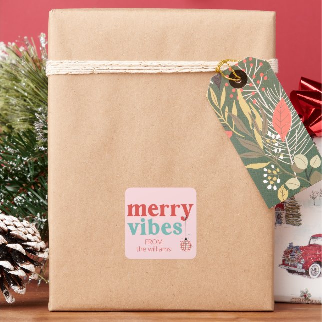 Cute Retro Merry Vibes Gift Tag Sticker (Holiday)