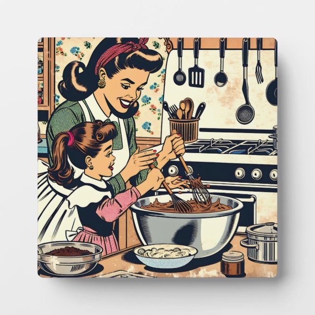 Cute Retro Mom and Daughter Baking Together Plaque (Front)