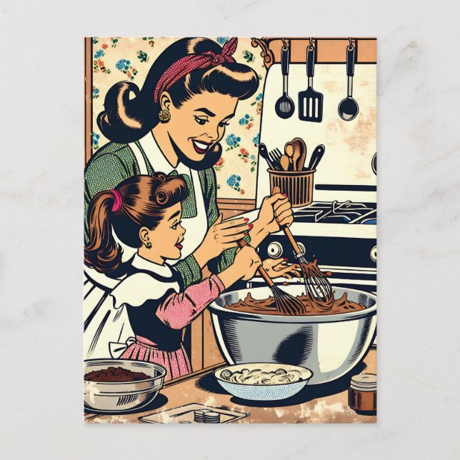 Cute Retro Mom and Daughter Baking Together Postcard (Front)