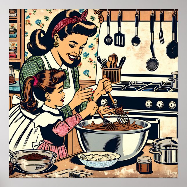 Cute Retro Mom and Daughter Baking Together Poster (Front)