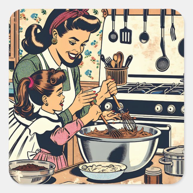 Cute Retro Mom and Daughter Baking Together Square Sticker (Front)