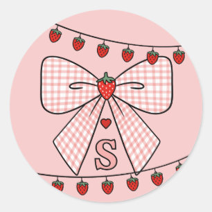 Cute Retro Monogram Initials Strawberry Coquette Classic Round Sticker