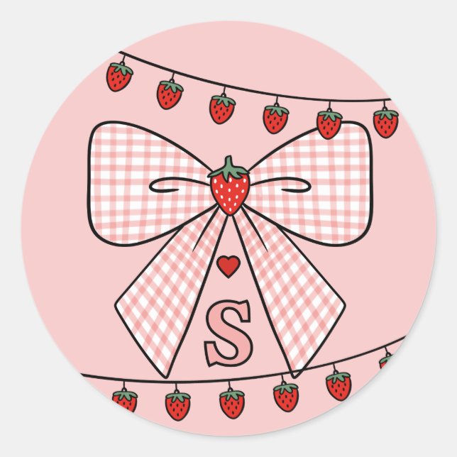 Cute Retro Monogram Initials Strawberry Coquette Classic Round Sticker (Front)