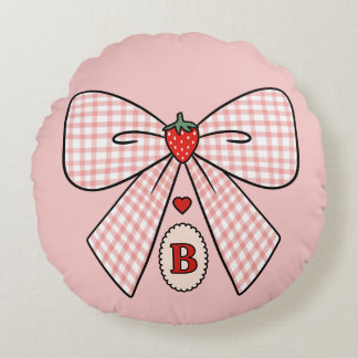 Cute Retro Monogram Initials Strawberry Coquette Round Pillow