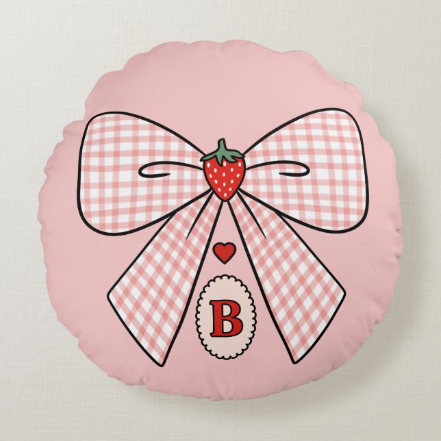 Cute Retro Monogram Initials Strawberry Coquette Round Pillow (Front)