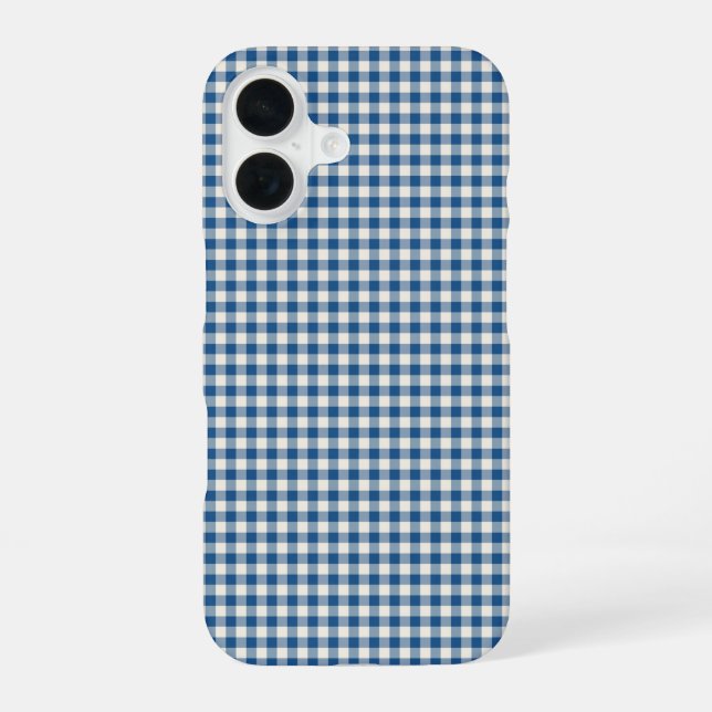Cute Retro Navy Blue Gingham Plaid Pattern iPhone 16 Case (Back)