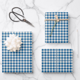 Cute Retro Navy Blue Gingham Plaid Pattern Wrapping Paper Sheet