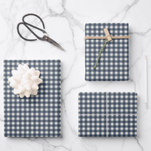 Cute Retro Navy Gingham Plaid Pattern Wrapping Paper Sheet