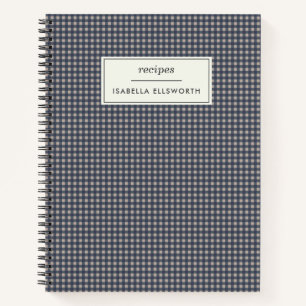 Cute Retro Navy Gingham Plaid Personalized Recipe Notebook