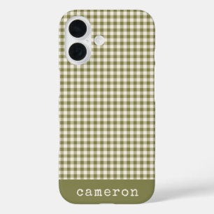 Cute Retro Olive Green Gingham Plaid Personalized iPhone 16 Case