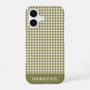 Cute Retro Olive Green Gingham Plaid Personalized iPhone 16 Case