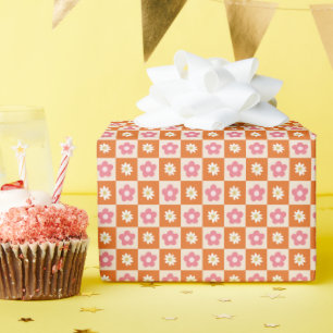 Cute Retro Orange Pink Daisy Chequerboard Pattern Wrapping Paper