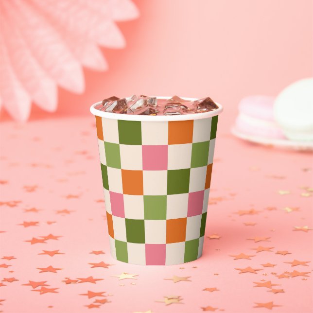 Cute Retro Orange Pink Green Chequerboard Pattern Paper Cups (Insitu)