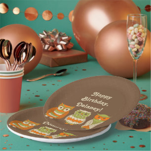 Cute Retro Owls Brown Personalized Paper Plate