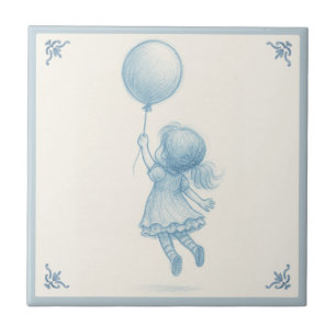 Cute retro pastel blue whimsical girl with balloon tile