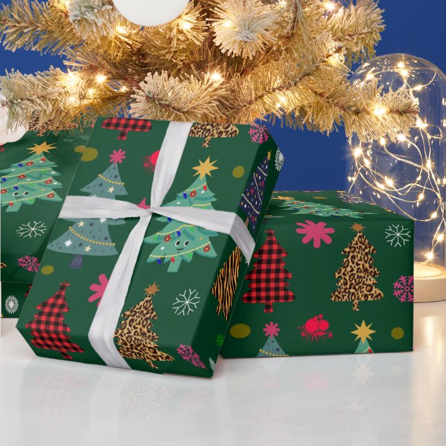 Cute Retro Pink and Green Christmas Tree Wrapping Paper (Holidays)