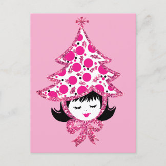 Cute Retro Pink Christmas Girl with Tree Hat Holiday Postcard