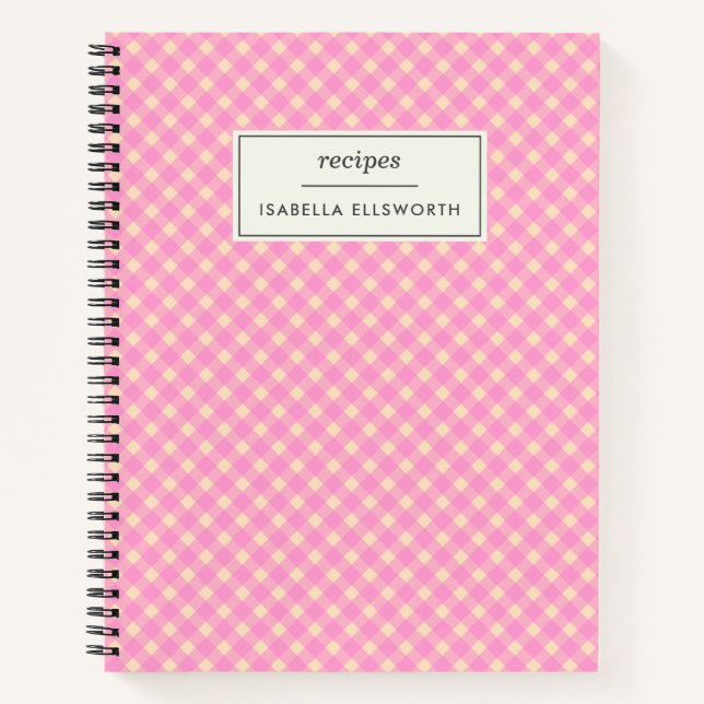 Cute Retro Pink Gingham Plaid Personalized Recipe  Notebook (Front)