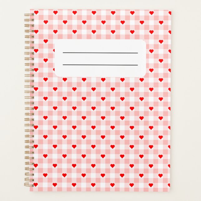 Cute Retro Pink Heart Gingham Plaid pattern Planner (Front)