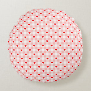 Cute Retro Pink Heart Gingham Plaid pattern Round Pillow