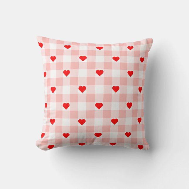 Cute Retro Pink Heart Gingham Plaid pattern Throw Pillow (Front)